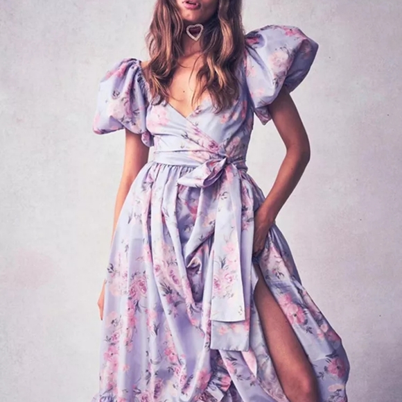 Lilac Floral Puff Sleeve High Waist Surplice Maxi Dress with Bow - Picture 2 of 16